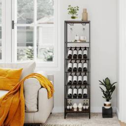 Gymax 7-Tier Freestanding Wine Rack Liquor Storage Stand With Glass Holder in Brown - thumbnail 4