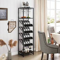 Gymax 7-Tier Freestanding Wine Rack Liquor Storage Stand With Glass Holder in Brown - thumbnail 3