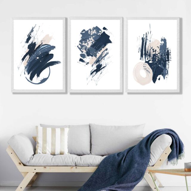 ARTZE Set of 3 Blue Abstract Minimal Wall Art Prints / Size: A3 / White Frame in Dark Blue - Size: W53 cm x H53 cm x D20mm - image 1