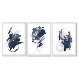 ARTZE Set of 3 Blue Abstract Minimal Wall Art Prints / Size: A3 / White Frame in Dark Blue - Size: W53 cm x H53 cm x D20mm - thumbnail 2