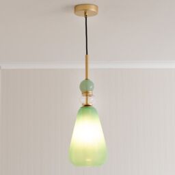 ValueLights Anastasia Green Glass Stack Gold Detail Ceiling Pendant Light & Bulb