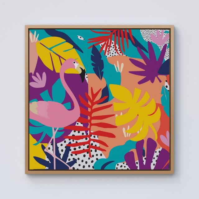 Warren Reed - Designer Tropical Flamingoes Framed Canvas in Light Brown - Size: w40 inch x h40 inch - image 1