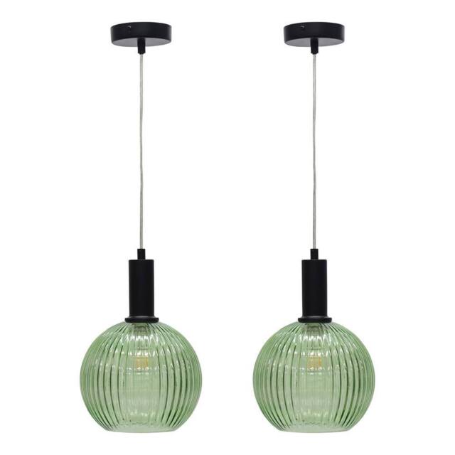 First Choice Lighting Set of 2 Betchley - Green Ribbed Globe Black Deco Pendants - image 1
