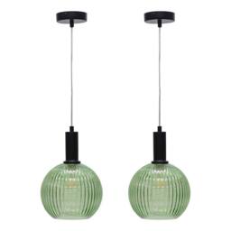 First Choice Lighting Set of 2 Betchley - Green Ribbed Globe Black Deco Pendants - thumbnail 1