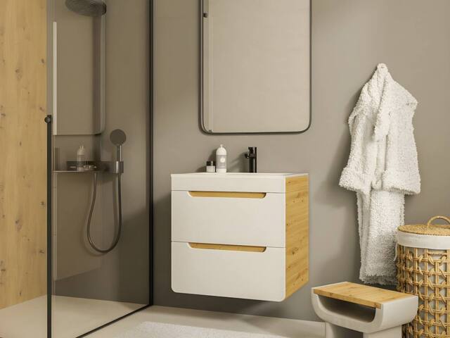 Vente-unique Wall-Hung Vanity Unit - Natural & White - 60 Cm - ARUBA in Light Oak - image 1