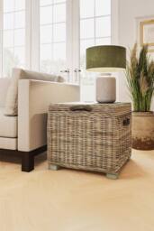 FWStyle Kubu Rattan Lift Up Greywash Pine Storage Side Table Ready Assembled in Brown