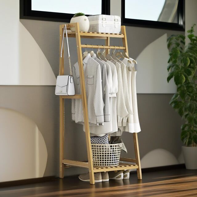 Pirlo Plush 140CM Tall Bamboo Clothing Rail With Shelves Bedroom Furniture in Brown - image 1