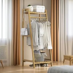 Pirlo Plush 140CM Tall Bamboo Clothing Rail With Shelves Bedroom Furniture in Brown - thumbnail 3