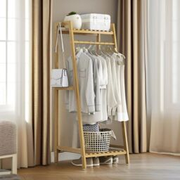 Pirlo Plush 140CM Tall Bamboo Clothing Rail With Shelves Bedroom Furniture in Brown - thumbnail 4