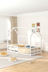Living and Home Wooden House Bed Frame in White - thumbnail 2