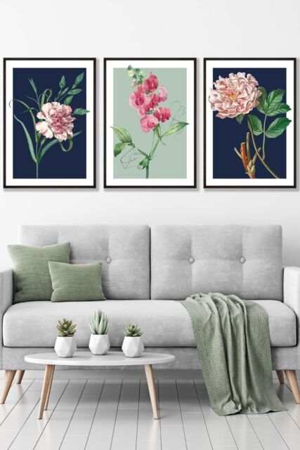 ARTZE Set of 3 Black Framed Vintage Flowers Navy Blue & Sage Green Wall Art - Size: W33 cm x H45 cm x D20mm - image 1