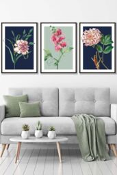 ARTZE Set of 3 Black Framed Vintage Flowers Navy Blue & Sage Green Wall Art - Size: W33 cm x H45 cm x D20mm - thumbnail 1