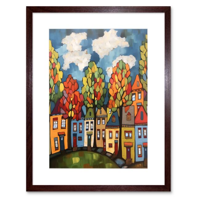 "Artery8 Wall Art Print Multicoloured Row Of Houses With Autumn Trees Contemporary Folk Art Painting Artwork Framed 9X7 Inch in Brown - Size: W7"" x H9""" - image 1