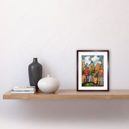 "Artery8 Wall Art Print Multicoloured Row Of Houses With Autumn Trees Contemporary Folk Art Painting Artwork Framed 9X7 Inch in Brown - Size: W7"" x H9""" - thumbnail 2