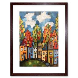 "Artery8 Wall Art Print Multicoloured Row Of Houses With Autumn Trees Contemporary Folk Art Painting Artwork Framed 9X7 Inch in Brown - Size: W7"" x H9""" - thumbnail 1