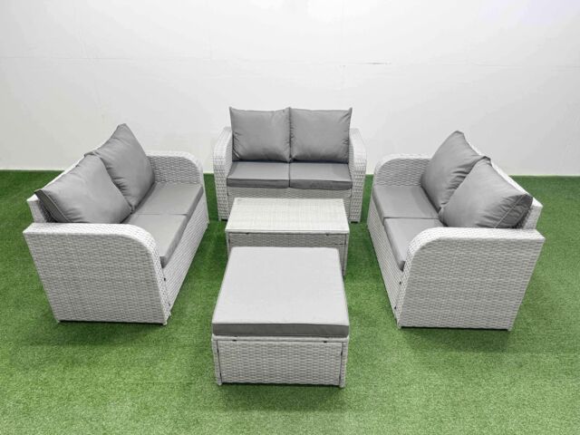 Fimous 7 Seater PE Wicker Rattan Furniture Sofa Sets with Rectangular Coffee Table 2 Seater Love Sofa Big Footstool Light Grey - image 1