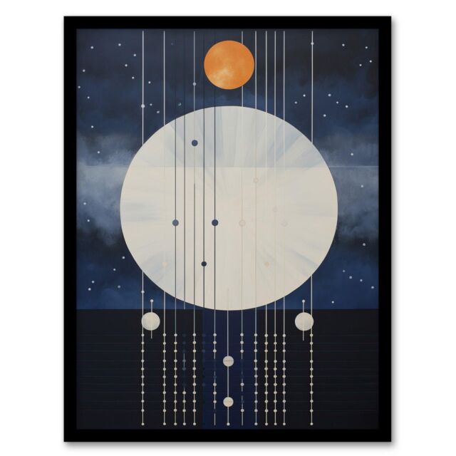 Wee Blue Coo Wall Art Print Abstract Solar Eclipse Oil Painting Blue Orange Geometric Planetary Orbits Night Sky Art Framed in Dark Blue - Size: A4 - image 1