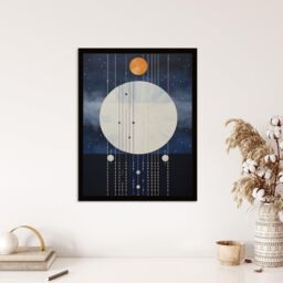 Wee Blue Coo Wall Art Print Abstract Solar Eclipse Oil Painting Blue Orange Geometric Planetary Orbits Night Sky Art Framed in Dark Blue - Size: A4 - thumbnail 4