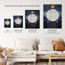 Wee Blue Coo Wall Art Print Abstract Solar Eclipse Oil Painting Blue Orange Geometric Planetary Orbits Night Sky Art Framed in Dark Blue - Size: A4 - thumbnail 3