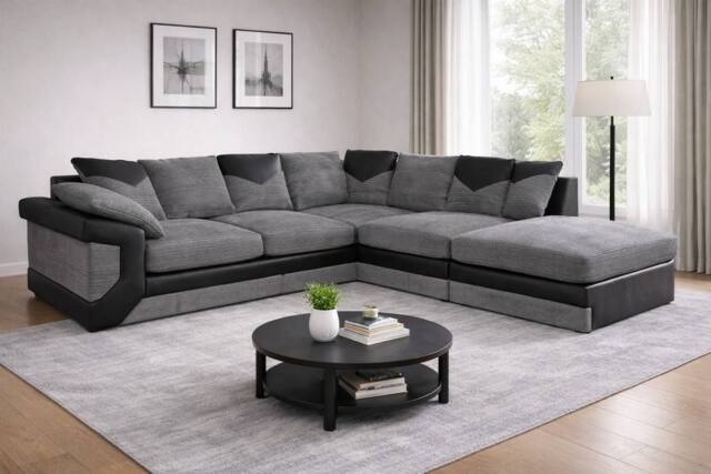 SquareBoxx Luca Grey Jumbo Cord Corner Sofa Right Chaise w/ Black Leather Trim - image 1