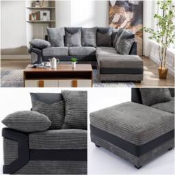 SquareBoxx Luca Grey Jumbo Cord Corner Sofa Right Chaise w/ Black Leather Trim - thumbnail 2