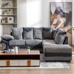 SquareBoxx Luca Grey Jumbo Cord Corner Sofa Right Chaise w/ Black Leather Trim - thumbnail 4