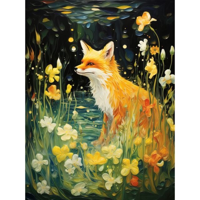 "Artery8 Wall Art Print Fox Dream Floral Yellow Oil Painting Orange White Dreamscape of Lily Flowers in Spring Poster in Black - Size: W12"" x H16""" - image 1
