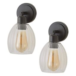 ValueLights Cheltenham Pair of Ribbed Glass Dome Adjustable Spotlight Wall Lights in Black - thumbnail 1