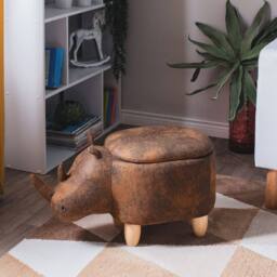 Wyld and Coco Rhino Children's Stool Storage Brown Faux Leather Rubberwood Legs - thumbnail 1