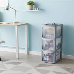 Nordara 3 Tier Silver Plastic Drawers A5 Compact Vertical Storage Organizer