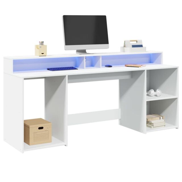 Berkfield Home Desk with LED Lights White 200x55x91 cm Engineered Wood - Size: 200 x 55 x 91 cm - image 1