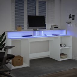 Berkfield Home Desk with LED Lights White 200x55x91 cm Engineered Wood - Size: 200 x 55 x 91 cm - thumbnail 5