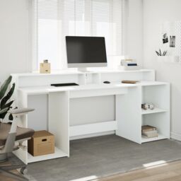 Berkfield Home Desk with LED Lights White 200x55x91 cm Engineered Wood - Size: 200 x 55 x 91 cm - thumbnail 4