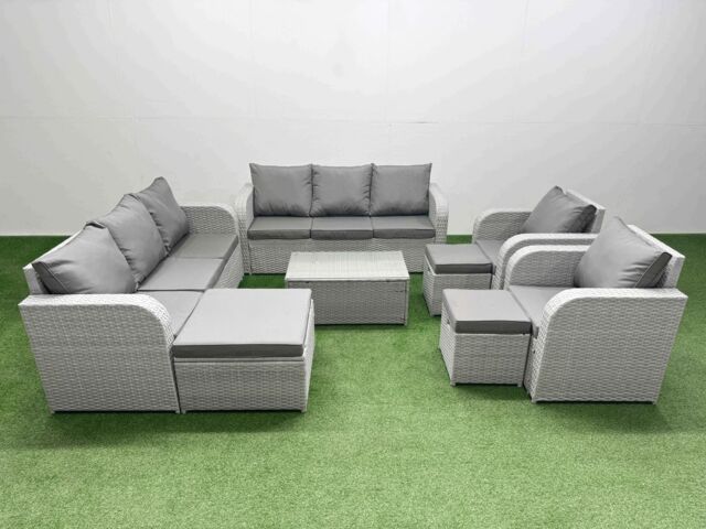 Fimous PE Rattan High Back Lounge Sofa Set Patio Coffee Table & Chairs Set with 3 Seater Sofa Reclining Chair 3 Stools Light Grey - image 1