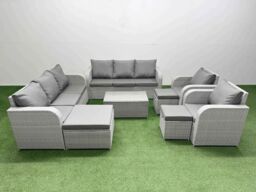 Fimous PE Rattan High Back Lounge Sofa Set Patio Coffee Table & Chairs Set with 3 Seater Sofa Reclining Chair 3 Stools Light Grey - thumbnail 1