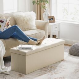 SONGMICS Large Storage Ottoman Bench Folding Foot Rest End Bed Easy Assembly in Ivory - thumbnail 5
