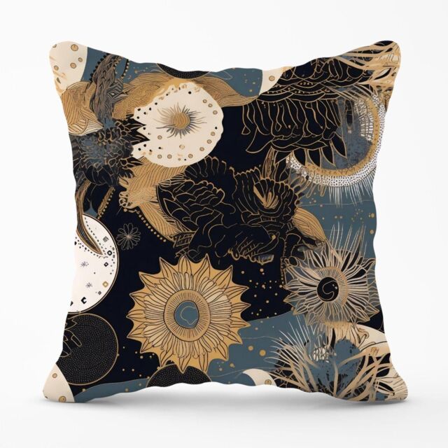 Warren Reed - Designer Abstract Blue Gold Moon Sun Outdoor Cushion in Yellow - Size: 45 cm x 45 cm - image 1