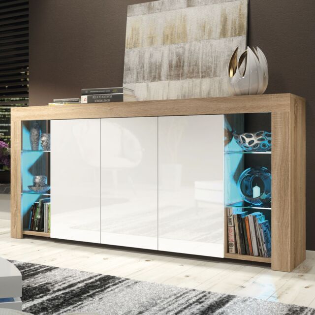 Mex Furniture LTD Sideboard with LED Lighting & Gloss Doors / 164cm in Light Oak - image 1