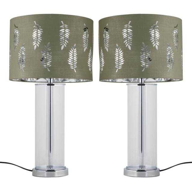 First Choice Lighting Set of 2 Aura - Chrome Table Lamps with Sage Green Fern Shades in Silver - image 1