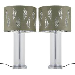 First Choice Lighting Set of 2 Aura - Chrome Table Lamps with Sage Green Fern Shades in Silver