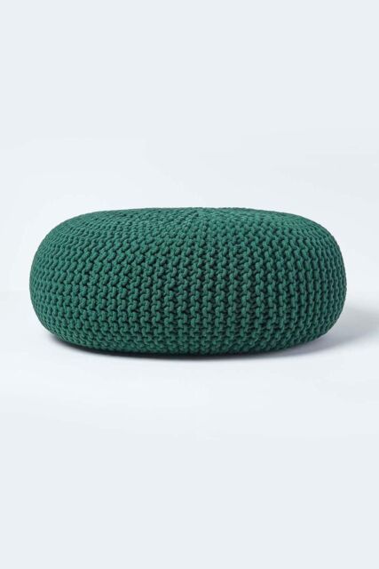 Homescapes Large Round Cotton Knitted Pouffe Footstool in Dark Green - image 1