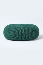 Homescapes Large Round Cotton Knitted Pouffe Footstool in Dark Green - thumbnail 1