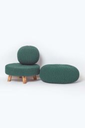 Homescapes Large Round Cotton Knitted Pouffe Footstool in Dark Green - thumbnail 5