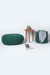 Homescapes Large Round Cotton Knitted Pouffe Footstool in Dark Green - thumbnail 6