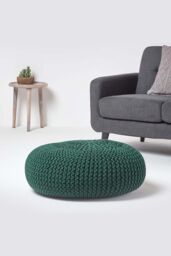 Homescapes Large Round Cotton Knitted Pouffe Footstool in Dark Green - thumbnail 2