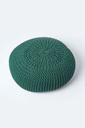 Homescapes Large Round Cotton Knitted Pouffe Footstool in Dark Green - thumbnail 3