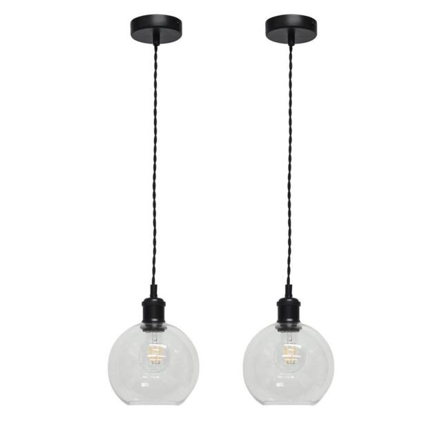 First Choice Lighting Set of 2 Barnum - Clear Glass Globe Black Retro Pendant Fittings - image 1
