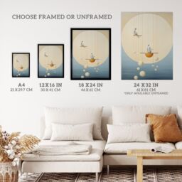 Wee Blue Coo Wall Art Print The Night Shift Hanging the Moon & Stars Pastel Colour Tan Blue Conceptual Oil Painting Art Framed in Beige - Size: A4 - thumbnail 3