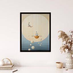 Wee Blue Coo Wall Art Print The Night Shift Hanging the Moon & Stars Pastel Colour Tan Blue Conceptual Oil Painting Art Framed in Beige - Size: A4 - thumbnail 4