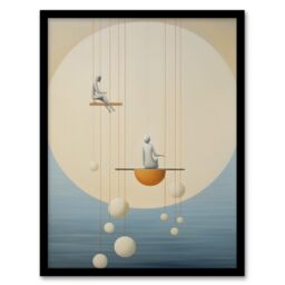 Wee Blue Coo Wall Art Print The Night Shift Hanging the Moon & Stars Pastel Colour Tan Blue Conceptual Oil Painting Art Framed in Beige - Size: A4 - thumbnail 1